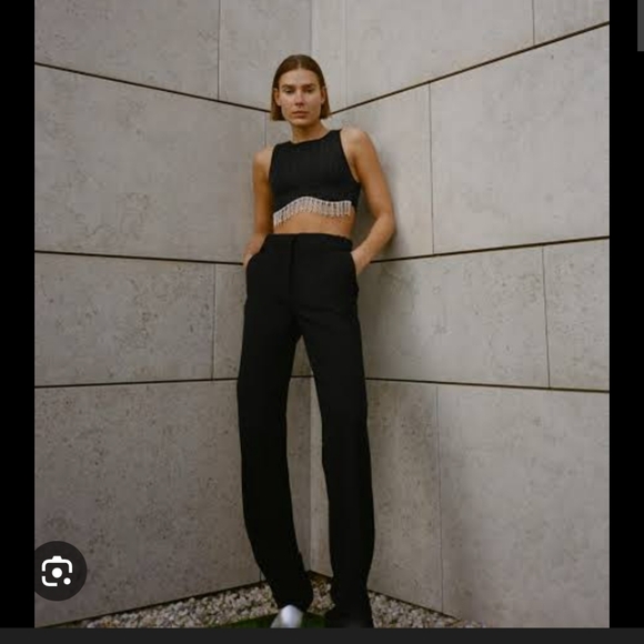 Zara Glittery Black Crop Top with Rhinestone Fringe - Picture 3 of 3